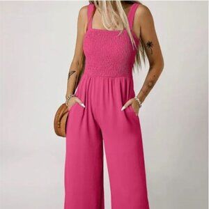 Hot Pink Smocked Square Neck Wide Leg Jumpsuit w/ Pockets M